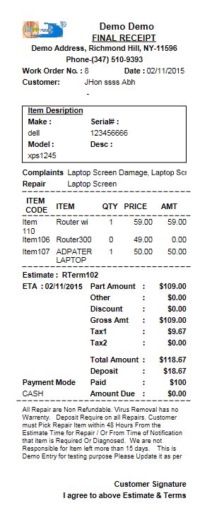 Receipt for Repair store software